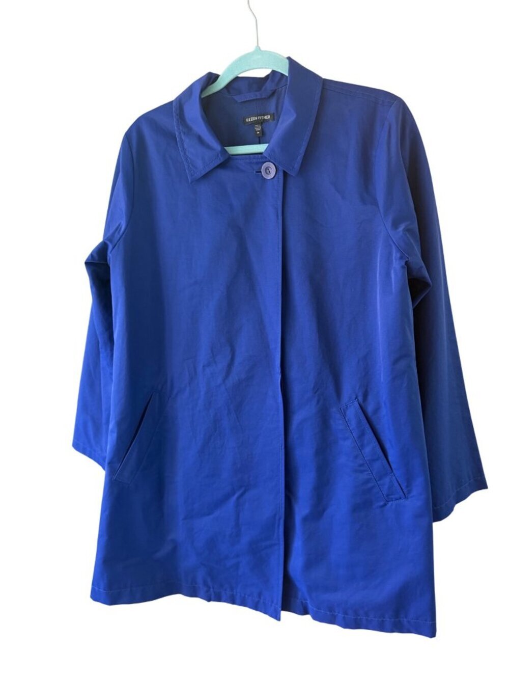 Eileen Fisher Womens Collared Button-front Trench Coat Size Medium Blue Casual